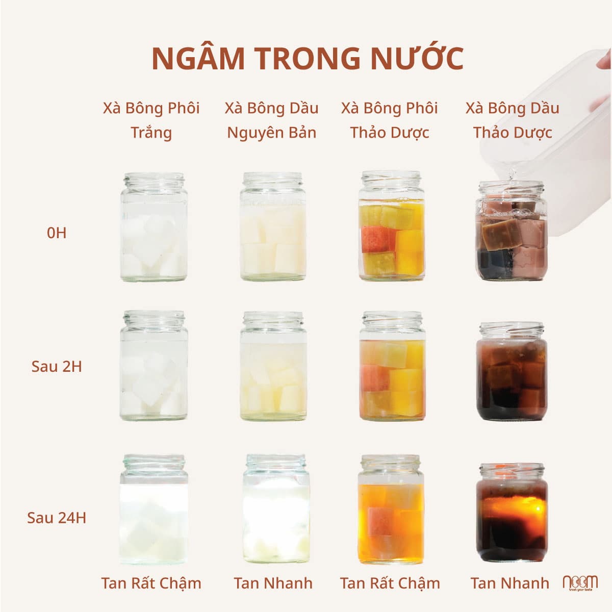 Kết quả dựa trên thời gian ngâm xà bông sau 0h, 2h và 24h